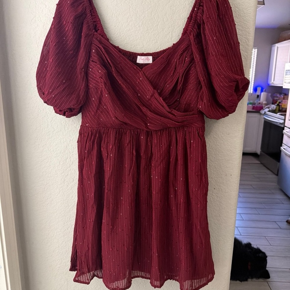 Pink Lily Burgundy Blouse with Puff Sleeves